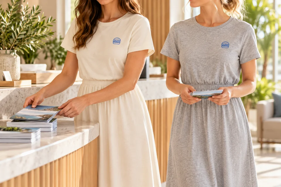 Donna adulta all’accoglienza con abito panna e piccolo logo blu sul petto
