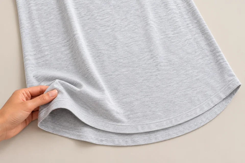 Dettaglio del jersey e dell’orlo di una T-shirt lunga grigia