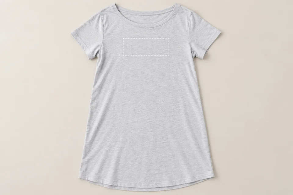 T-shirt lunga grigia stesa con indicazione illustrativa dell’area sul petto