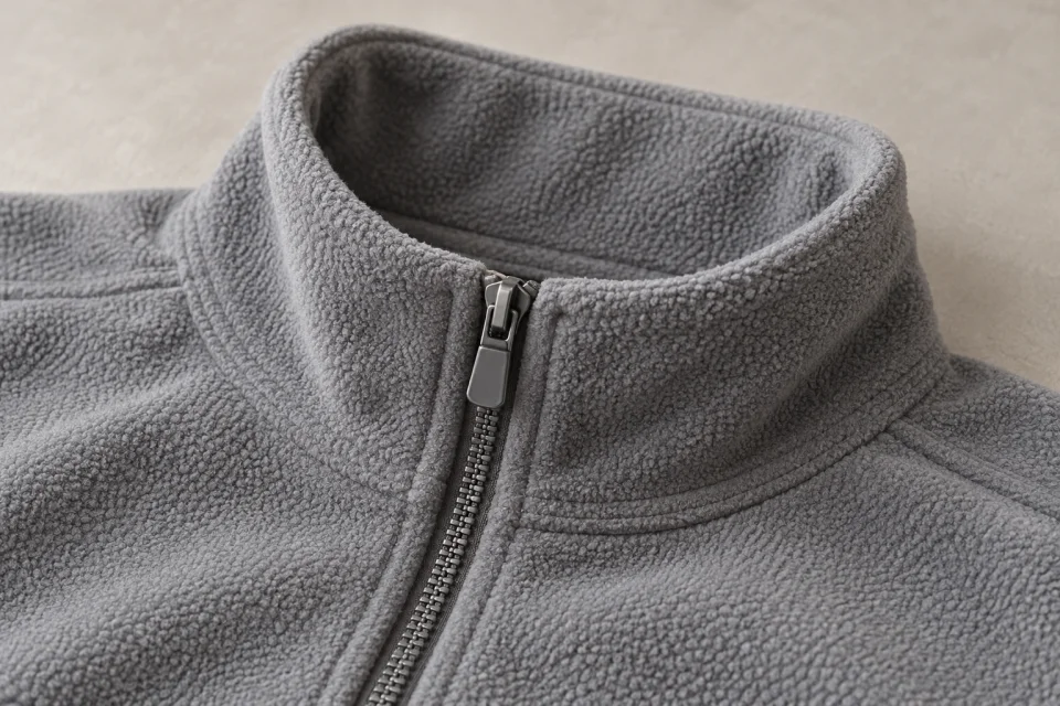 Kragen und Reissverschluss einer grauen Fleecejacke