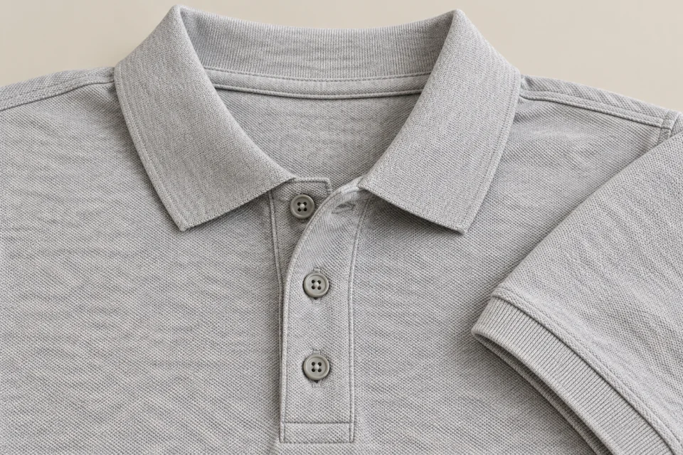 Kragen und Knopfleiste eines grauen Poloshirts