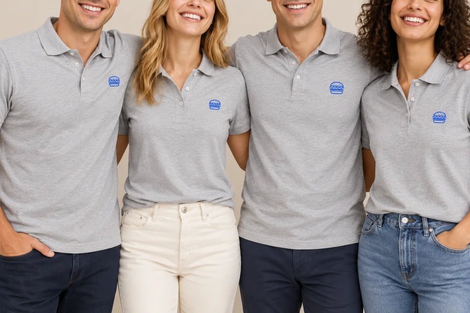 Graue Poloshirts in unterschiedlichen Schnitten für ein Team