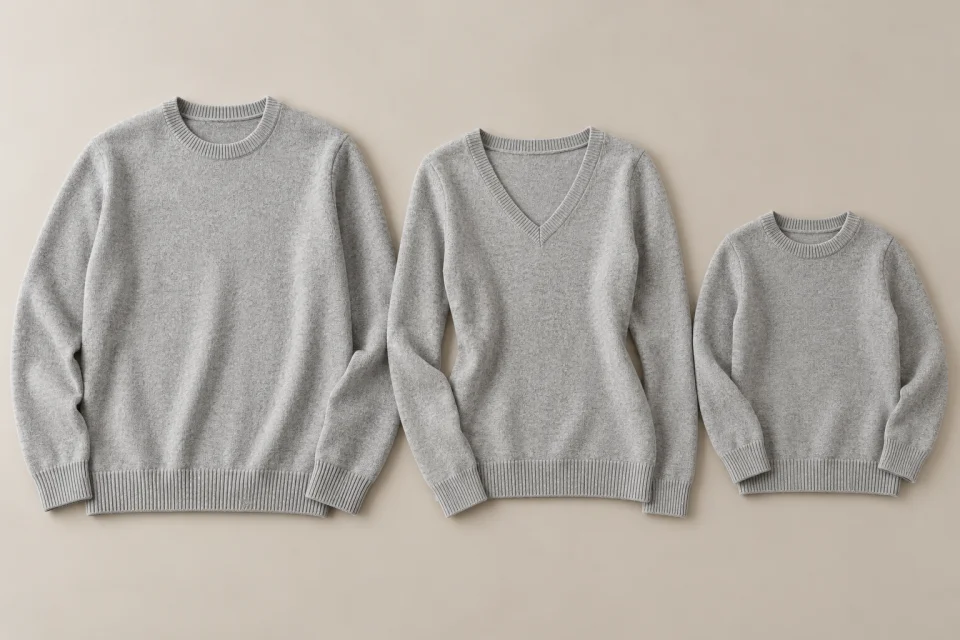 Flach ausgelegte graue Pullover in verschiedenen Schnitten