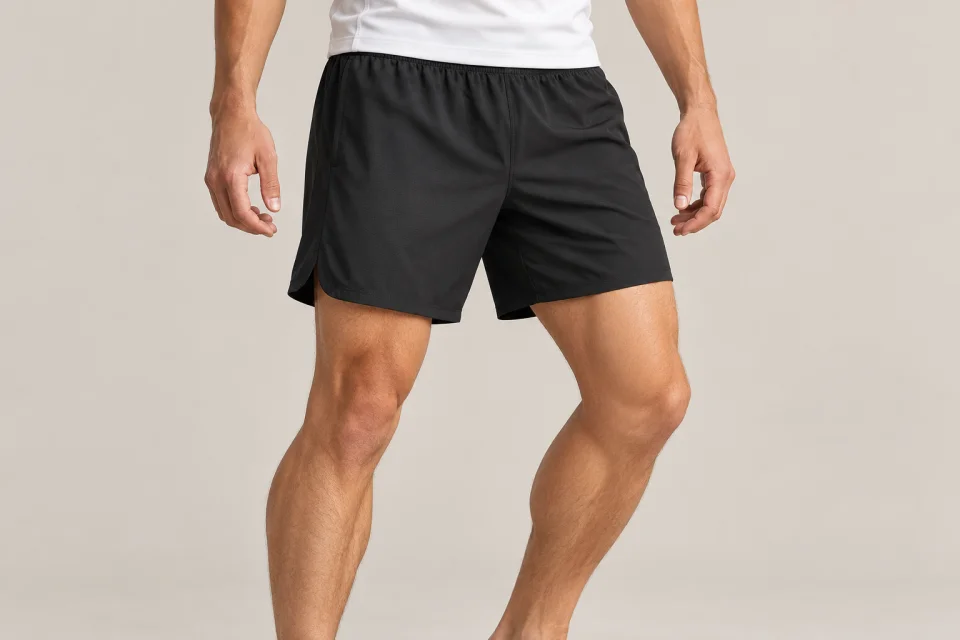 Pantaloncini sportivi neri indossati, con gamba corta e spacchi laterali