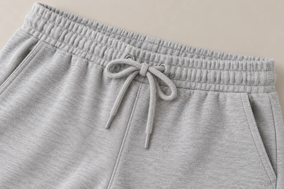 Dettaglio di elastico, coulisse e tasca di pantaloni grigi