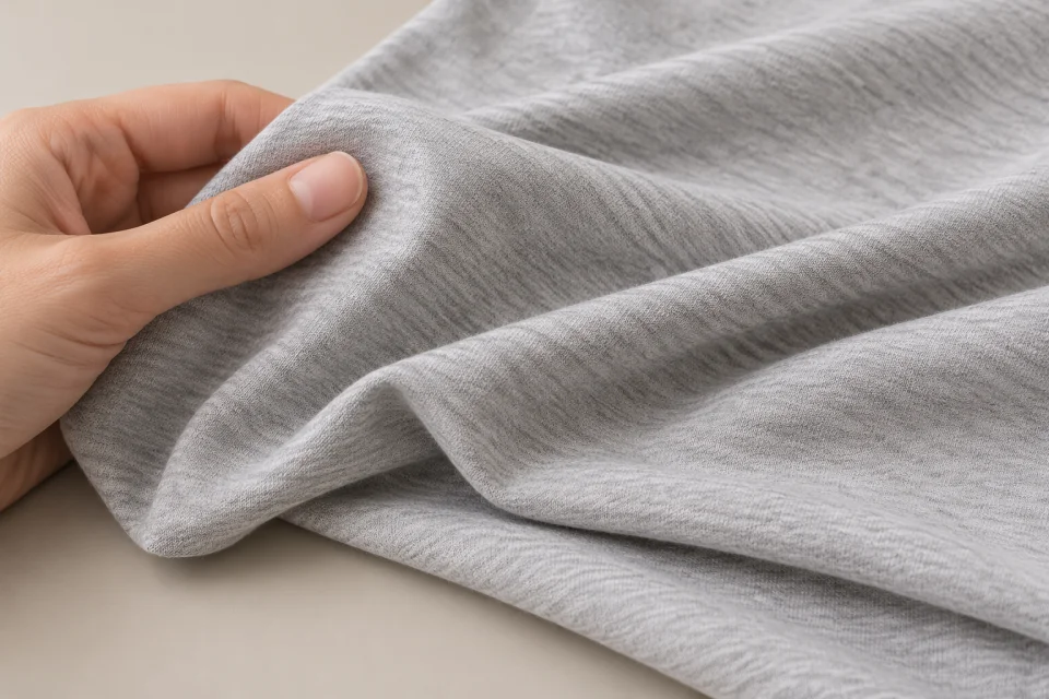 Una mano sfiora il morbido tessuto grigio di un capo intimo