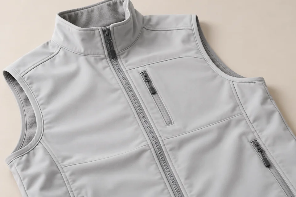 Reissverschluss und Brusttasche einer grauen Softshellweste