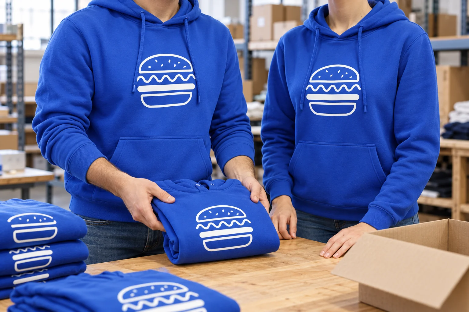Esempio illustrativo di un gruppo con felpe blu elettrico personalizzate Burger Print