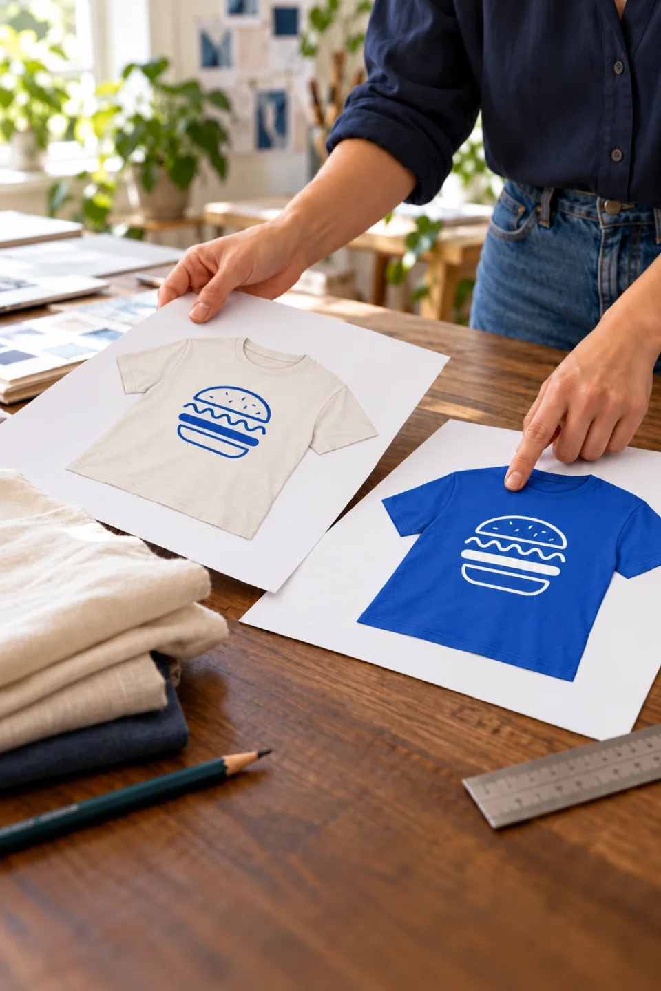 Prüfung zweier Papierentwürfe: cremefarbenes Shirt mit blauem Logo und blaues Shirt mit weissem Logo