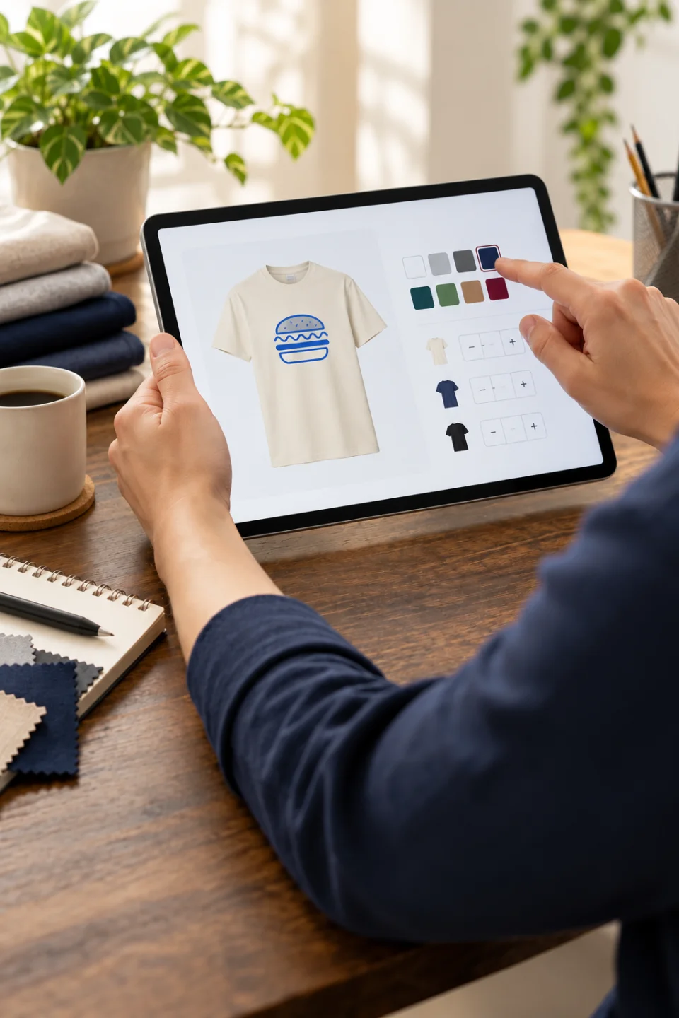Angebot auf einem Tablet mit cremefarbenem T-Shirt und blauem Logo