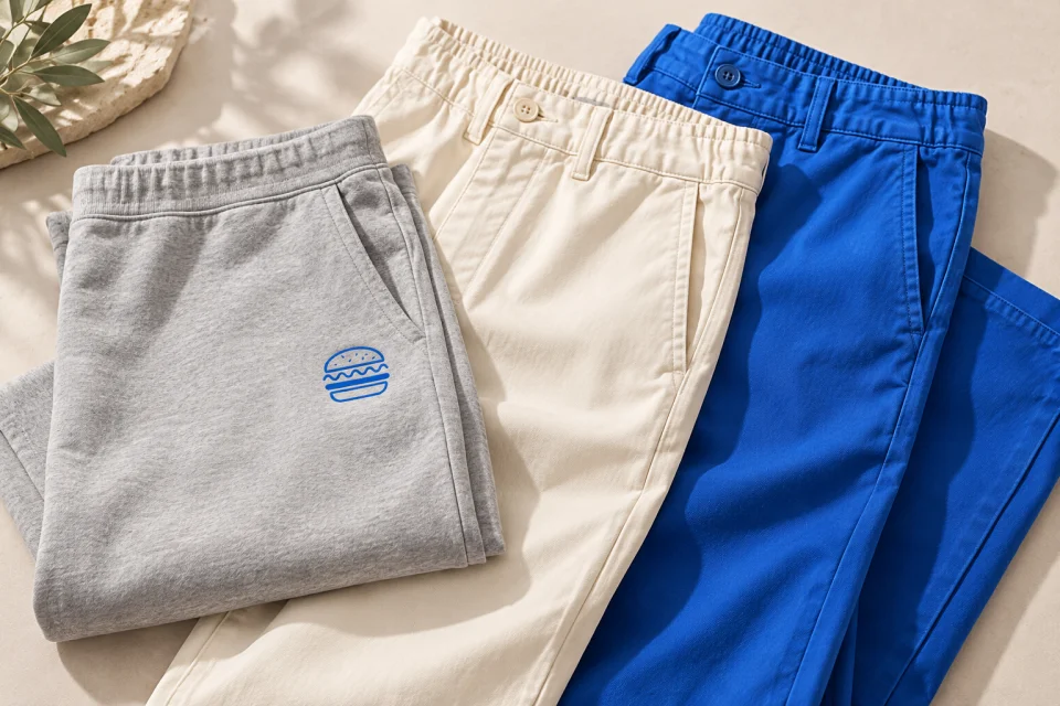 Pantaloni grigi piegati e disposti in piano con un piccolo logo blu