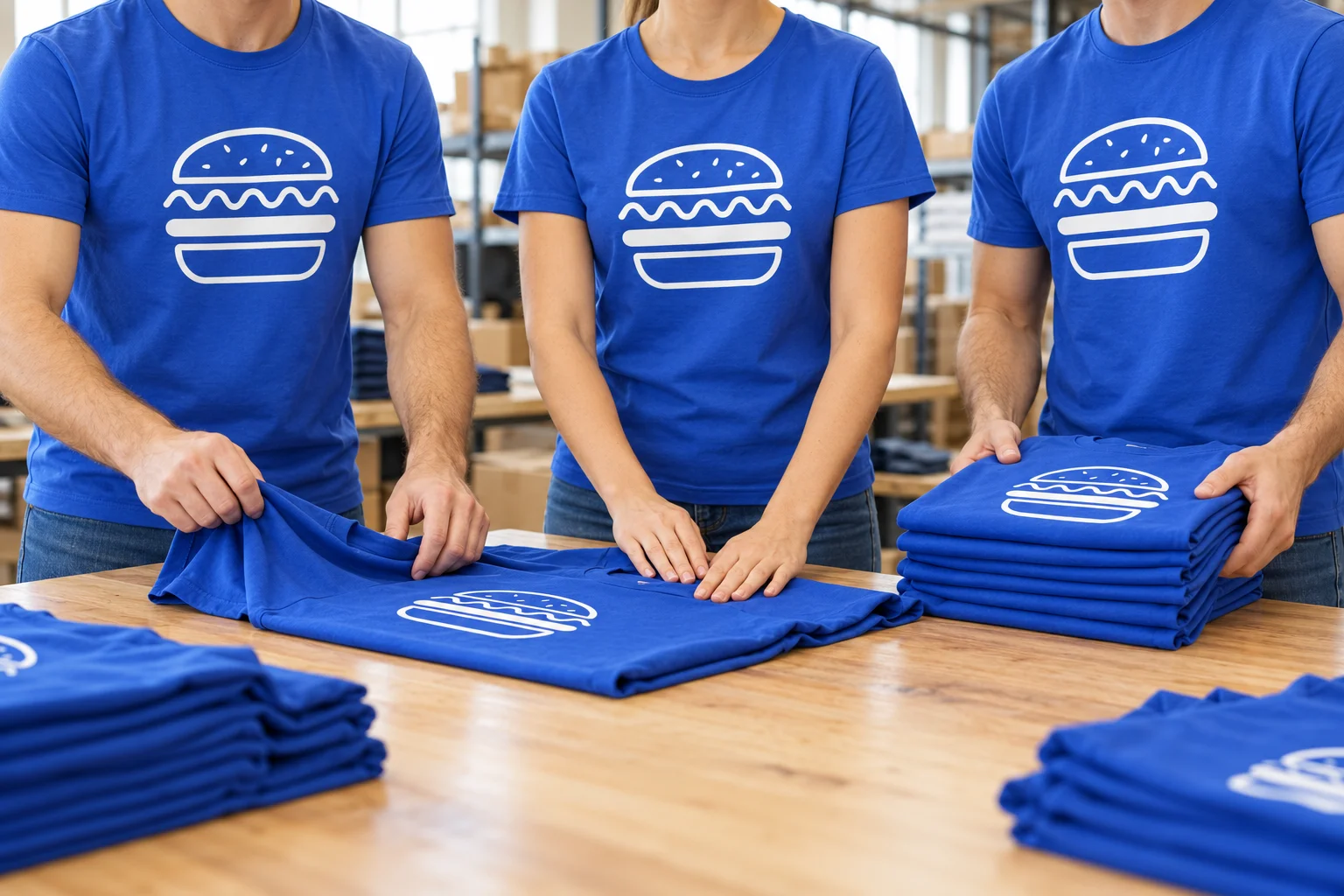Esempio illustrativo di un team con magliette blu elettrico personalizzate Burger Print