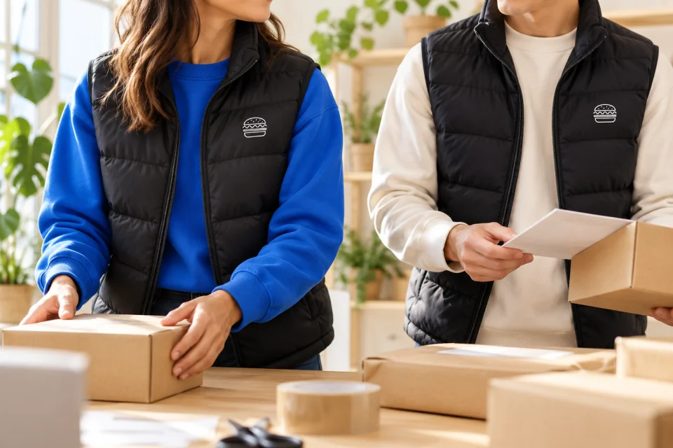 Schwarze Westen mit Logo über blauen und cremefarbenen Sweatshirts