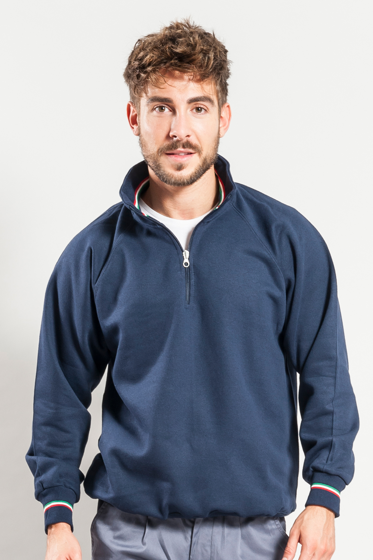 Italienisches Sweatshirt mit Reißverschlusskragen, 50 % Baumwolle, 50 % Polyester, 280 g/m², Schwarz, Größe XS