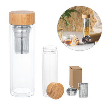 MAKAROVA. Wasserflasche aus Borosilikatglas mit Siebeinsatz, 490 ml.