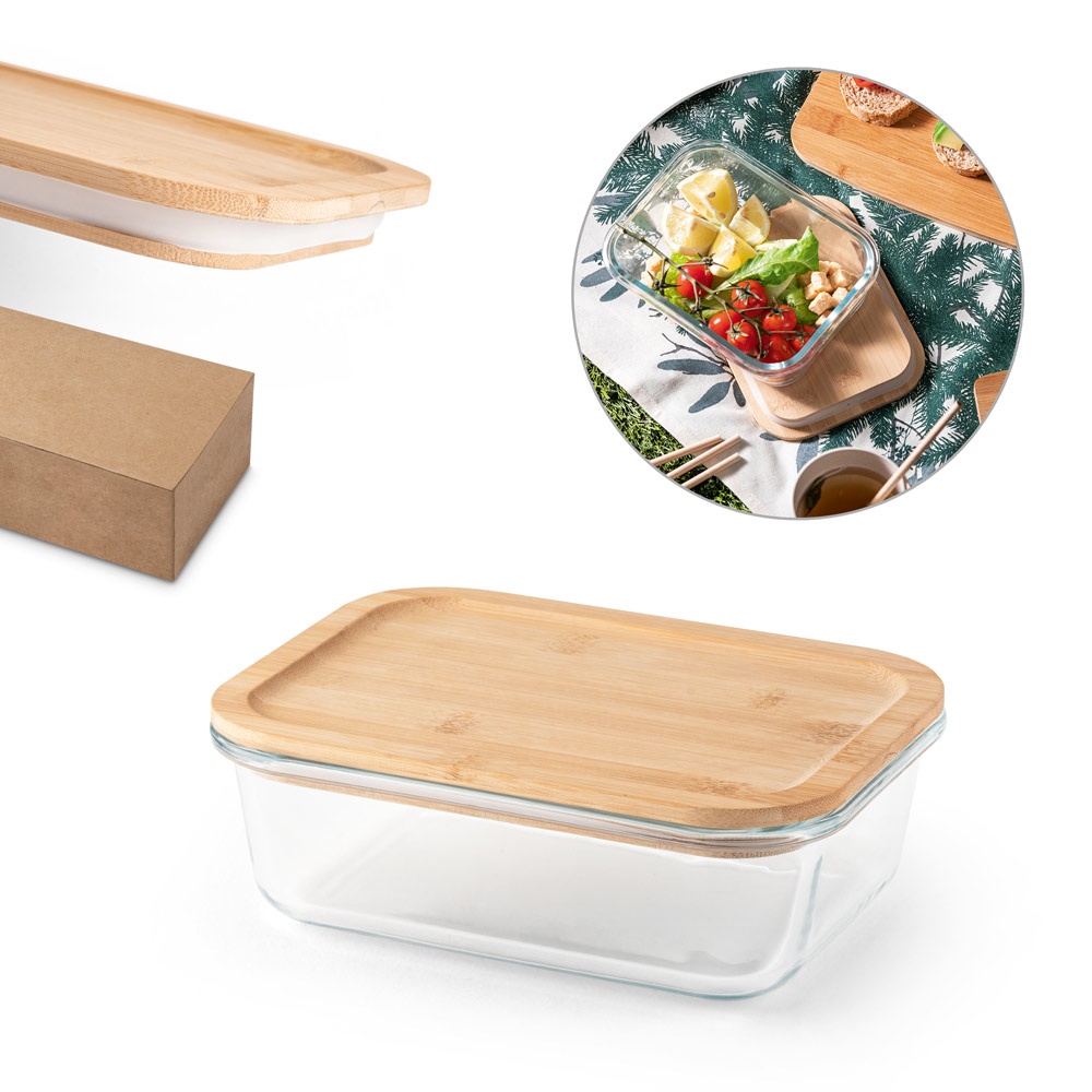 PORTOBELLO. Boîte à lunch. Récipient hermétique en verre borosilicate avec couvercle en bambou, 1000 ml.