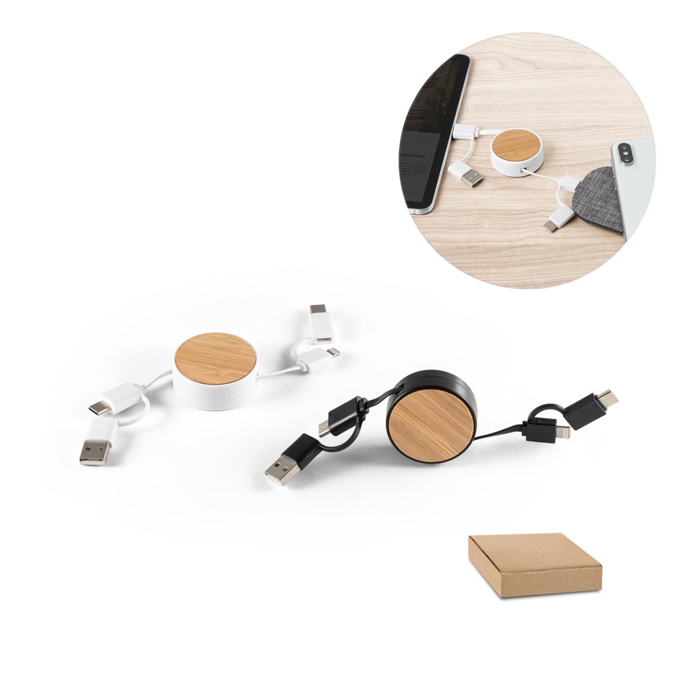 RUBINS. Câble USB rétractable 6 en 1 en ABS recyclé (100 % rABS) et bambou.