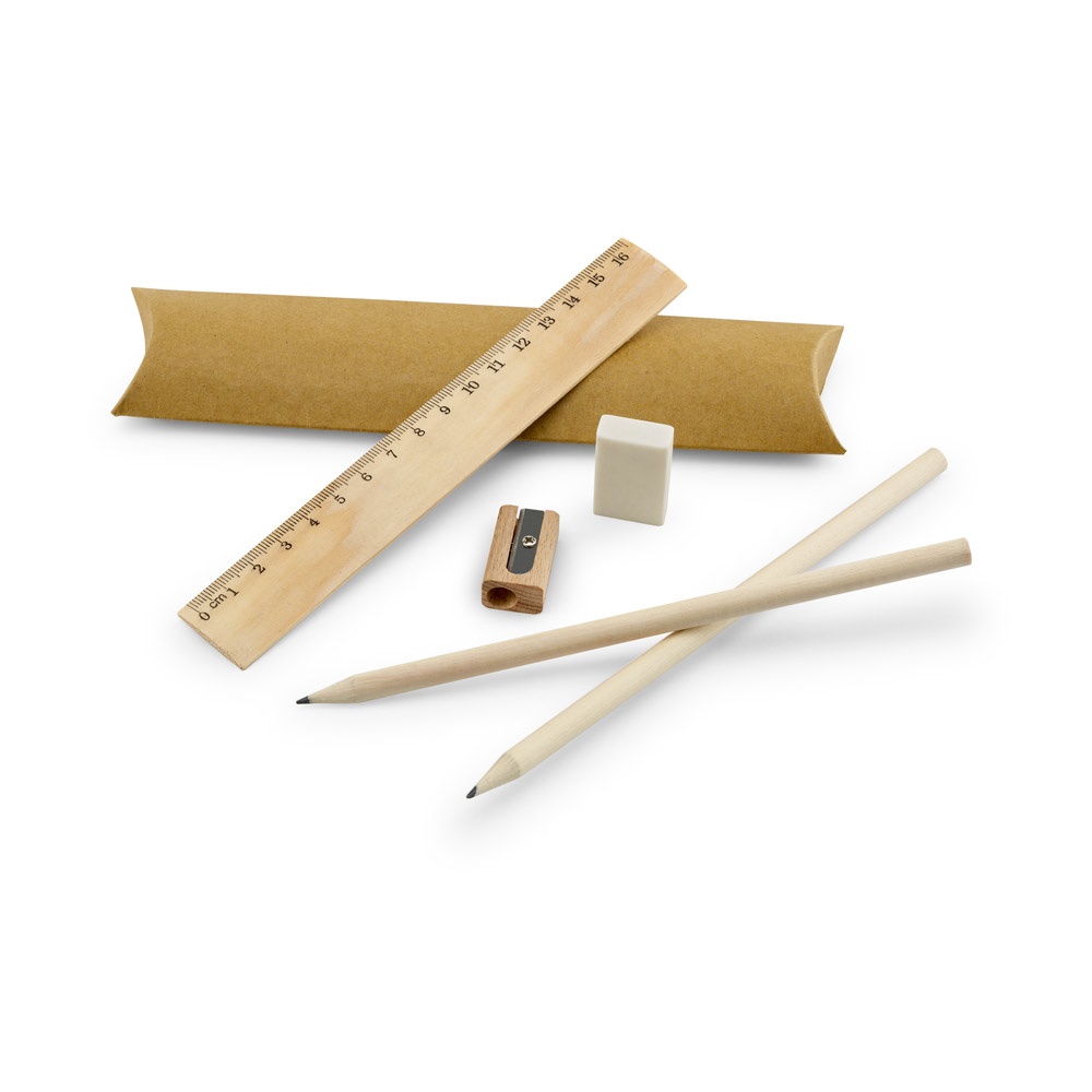 RHOMBUS. Schulschreibset: Lineal, Bleistifte, Radiergummi und Anspitzer.