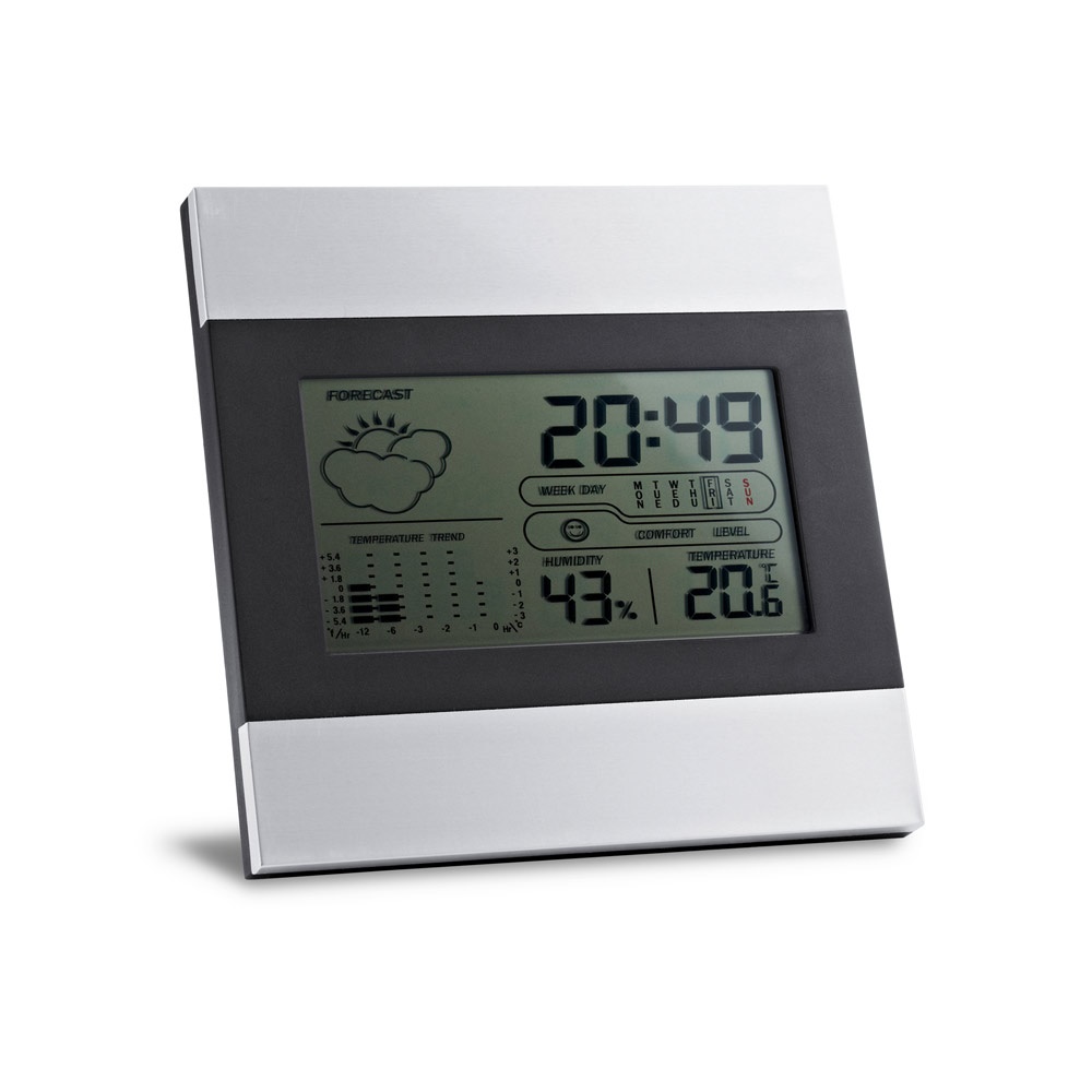 DENE. Tischwetterstation mit LCD-Display aus Aluminium und ABS.