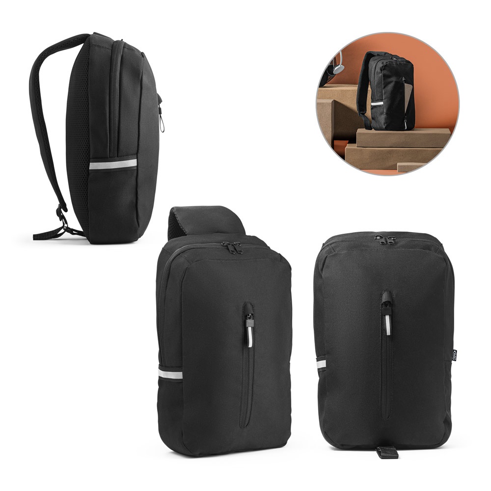 DELFOS. Ein-Schulter-Rucksack aus 300D recyceltem Polyester und 600D recyceltem Polyester, mit Futter aus 210D recyceltem Polyester.