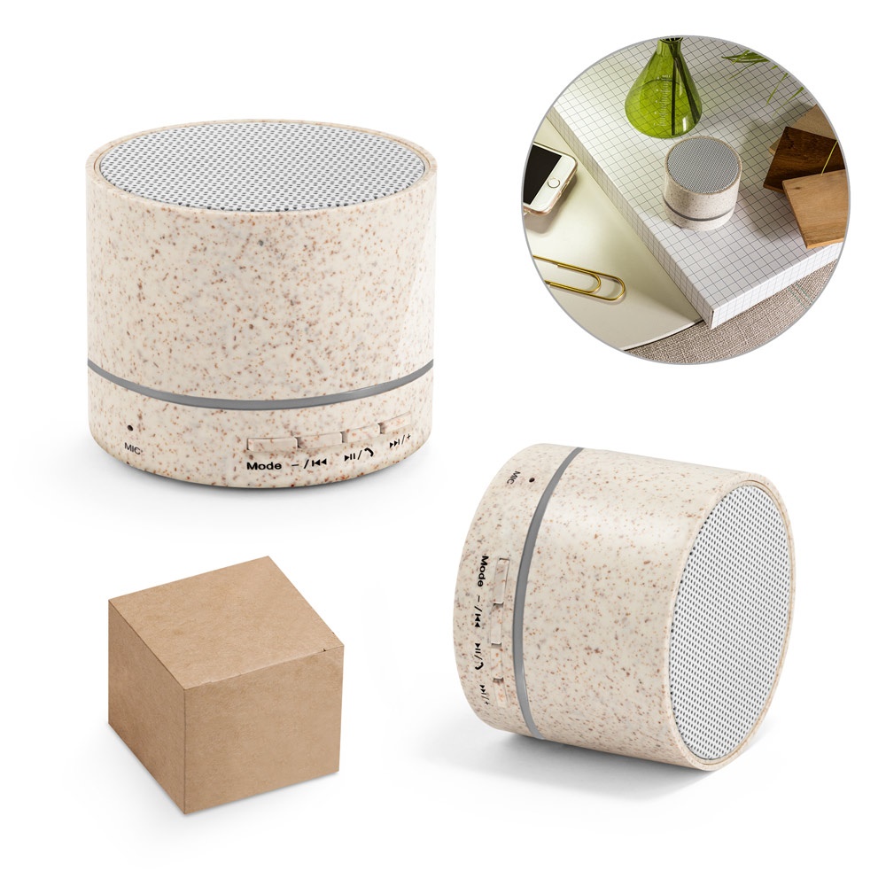 RE-LINEU. Tragbarer 3-Watt-Lautsprecher mit 4,5 Stunden Akkulaufzeit, hergestellt aus Strohfasern und recyceltem ABS (100 % rABS).