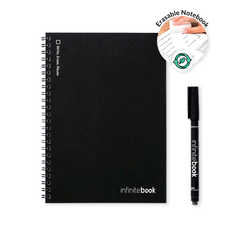 INFINITEBOOK LINIERT A5. Unendliches Buch mit flexiblem Einband und 15 leeren Seiten im Whiteboard-Stil.