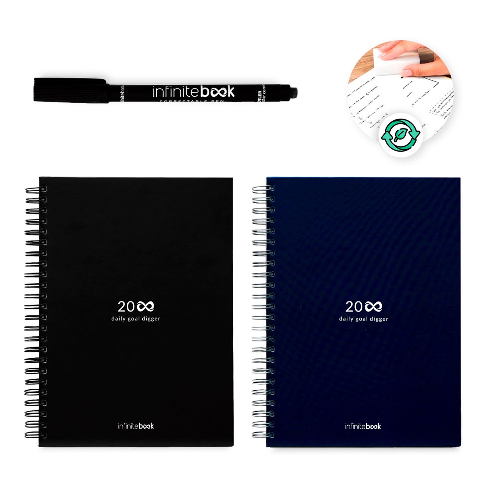 INFINITE PLANNER STARTER KIT A5. Das Set beinhaltet ein "Infinity Diary", ein Reinigungsset, einen Marker und einen Markerhalter.