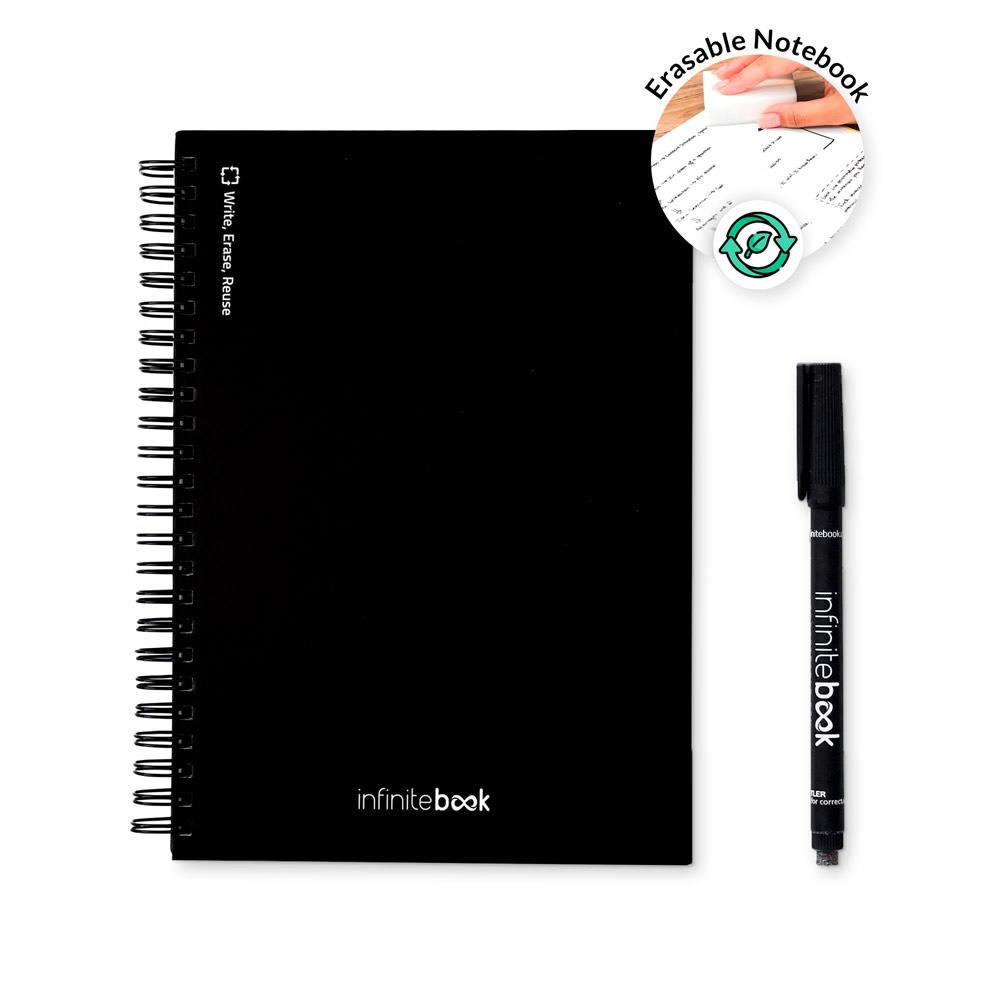 INFINITEBOOK A5 STARTER-KIT. Das Set enthält ein „Infinitebook“, ein Reinigungsset, einen Marker und einen Markerhalter.