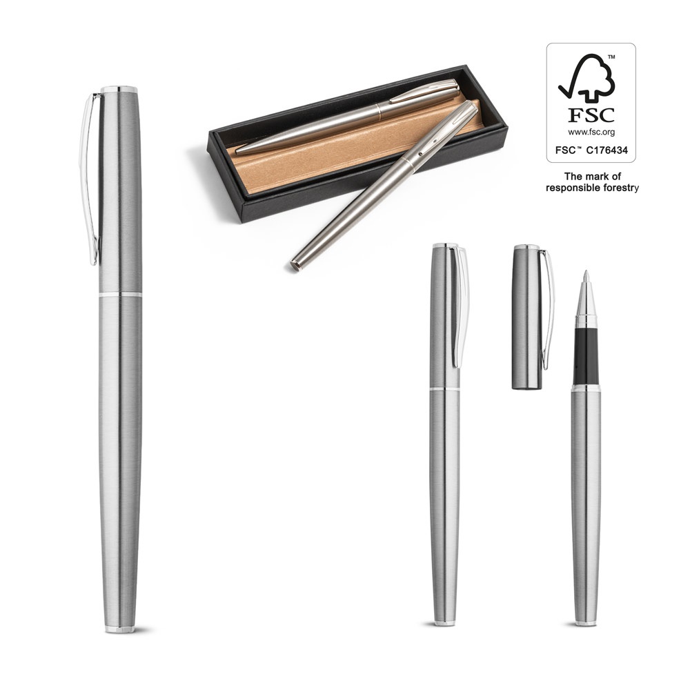 ELLA. Set di penna roller e penna a sfera con corpo in acciaio inossidabile (53% rSS) con clip