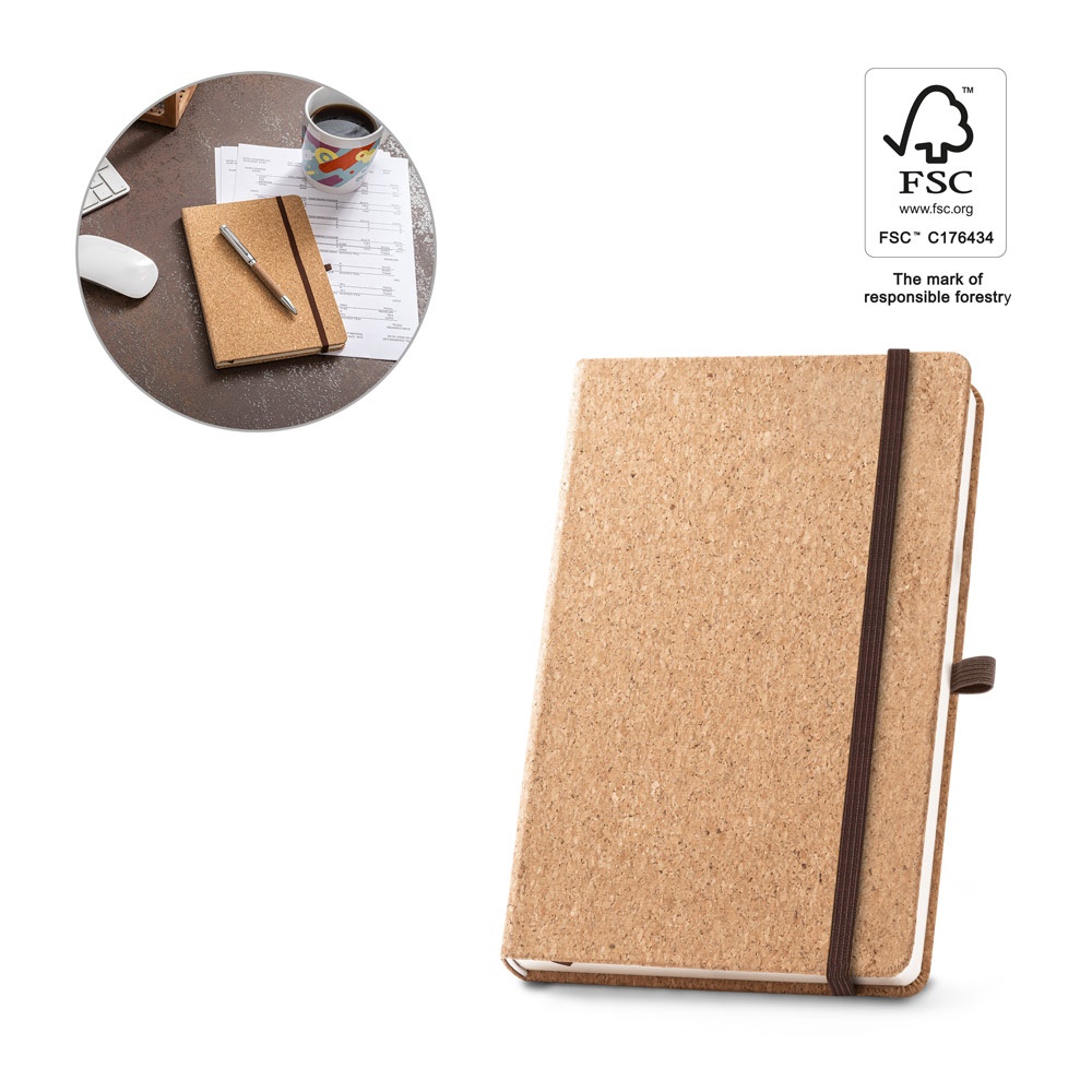 HAWKINS A5. Bloc-notes A5 en liège avec pages blanches, fabriqué à partir de matériaux certifiés FSC™ et d'autres matériaux contrôlés.