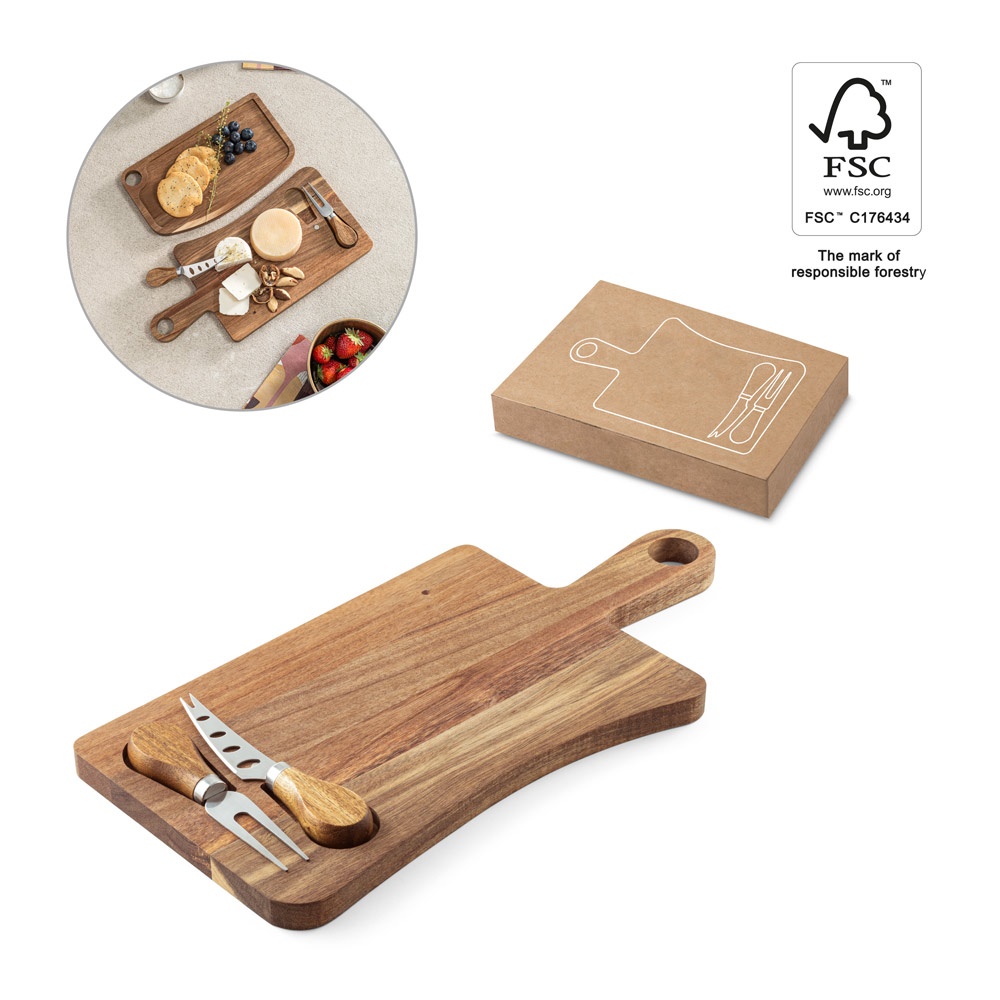 CASSIA. Planche à fromage en bois d'acacia avec poignée en coton, fabriquée avec des matériaux certifiés FSC™ et d'autres matériaux contrôlés.