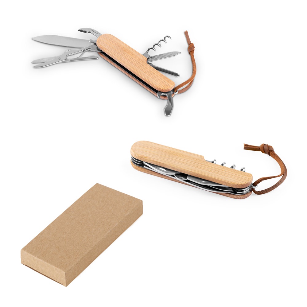 RYKER. Coltello tascabile multifunzionale in bambù e acciaio inossidabile con manico in PU