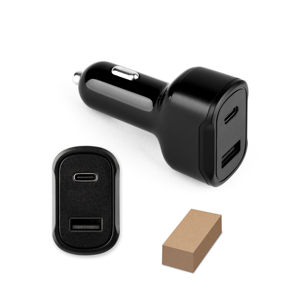 Adaptateur allume-cigare DIRAC avec ports USB-A 18 W et USB-C 20 W, en ABS 100 %.