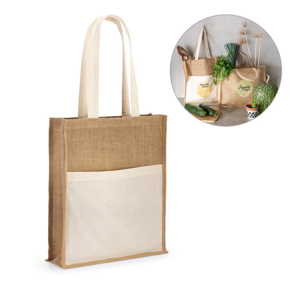 BRAGA. Sac en jute (240 g/m²) avec poche 100% coton (140 g/m²).