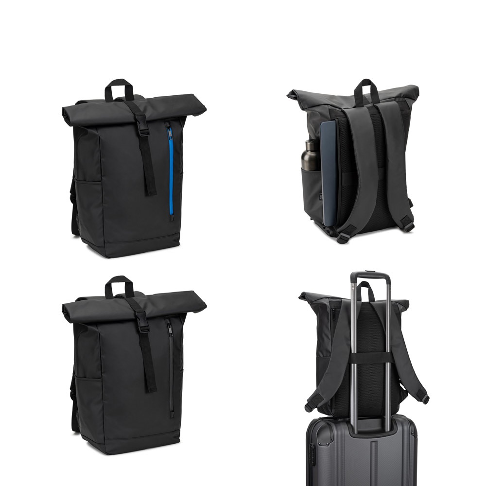 OSASCO BPACK. Zaino con parte superiore arrotolabile e sistema di cerniera che consente di arrotolare la parte superiore per adattarla al volume dello zaino, realizzato in poliestere riciclato 600D