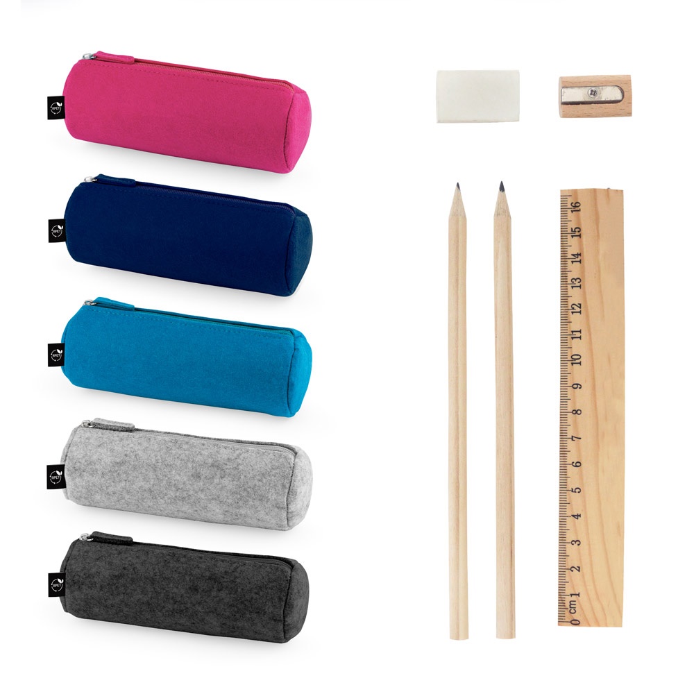 NOMAD. Multifunktionales Federmäppchen aus recyceltem Filz (100% rPET) mit Lineal, Stiften, Radiergummi und Anspitzer.