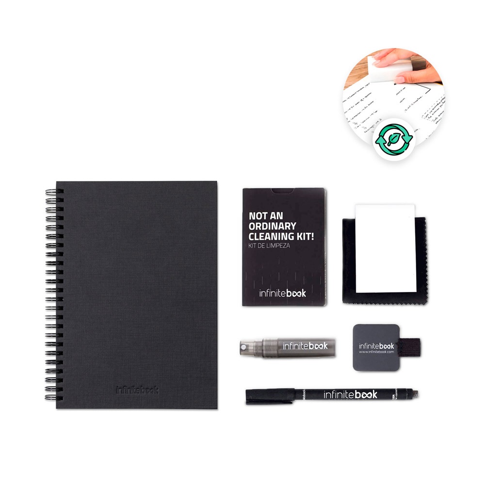 INFINITEBOOK A5 PLANER TEXTUR STARTER KIT. Das Set enthält ein Hardcover-„Infinitebook“, 1 Reinigungsset, 1 Marker und 1 Markerhalter.