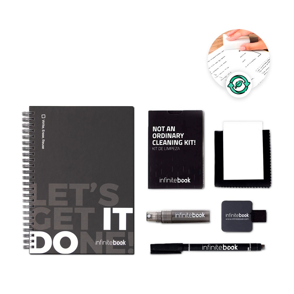INFINITEBOOK STARTER-KIT. Set bestehend aus einem Hardcover-Buch „Infinitebook“, einem Reinigungsset, einem Marker und einem Markerhalter.