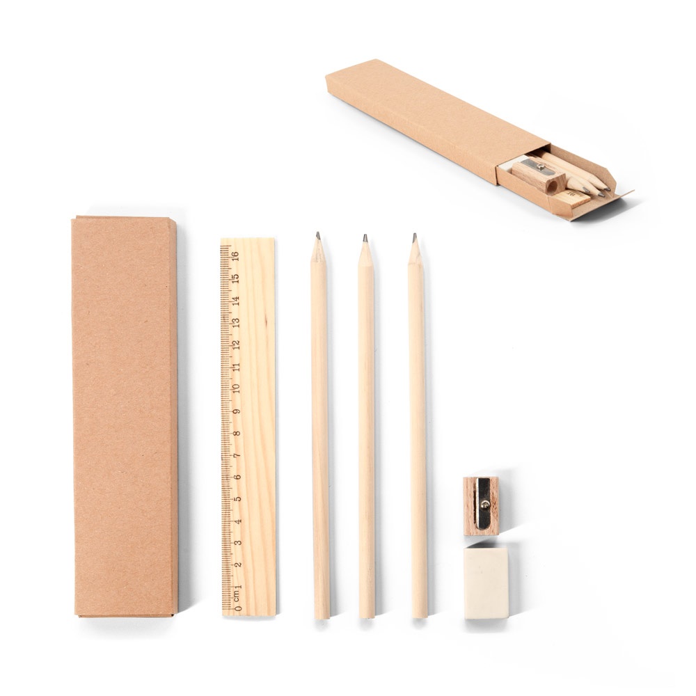 GEOFFREY. Vielseitiges Schreibset bestehend aus Bleistift, Anspitzer, Radiergummi und Lineal.