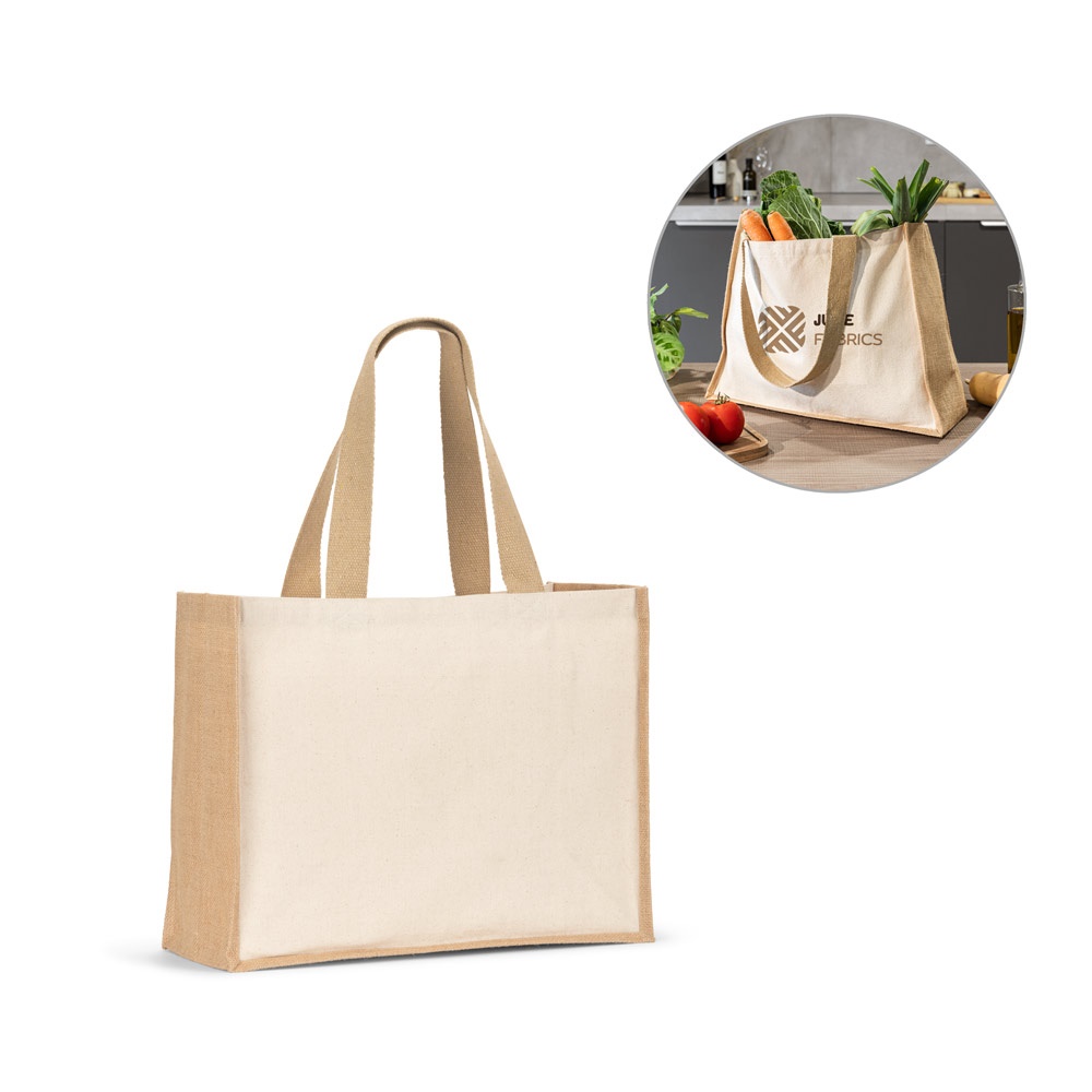 HELSINQUE. Sac en toile (320 g/m²), avec fond et côtés en jute laminé (350 g/m²) dans des tons naturels.