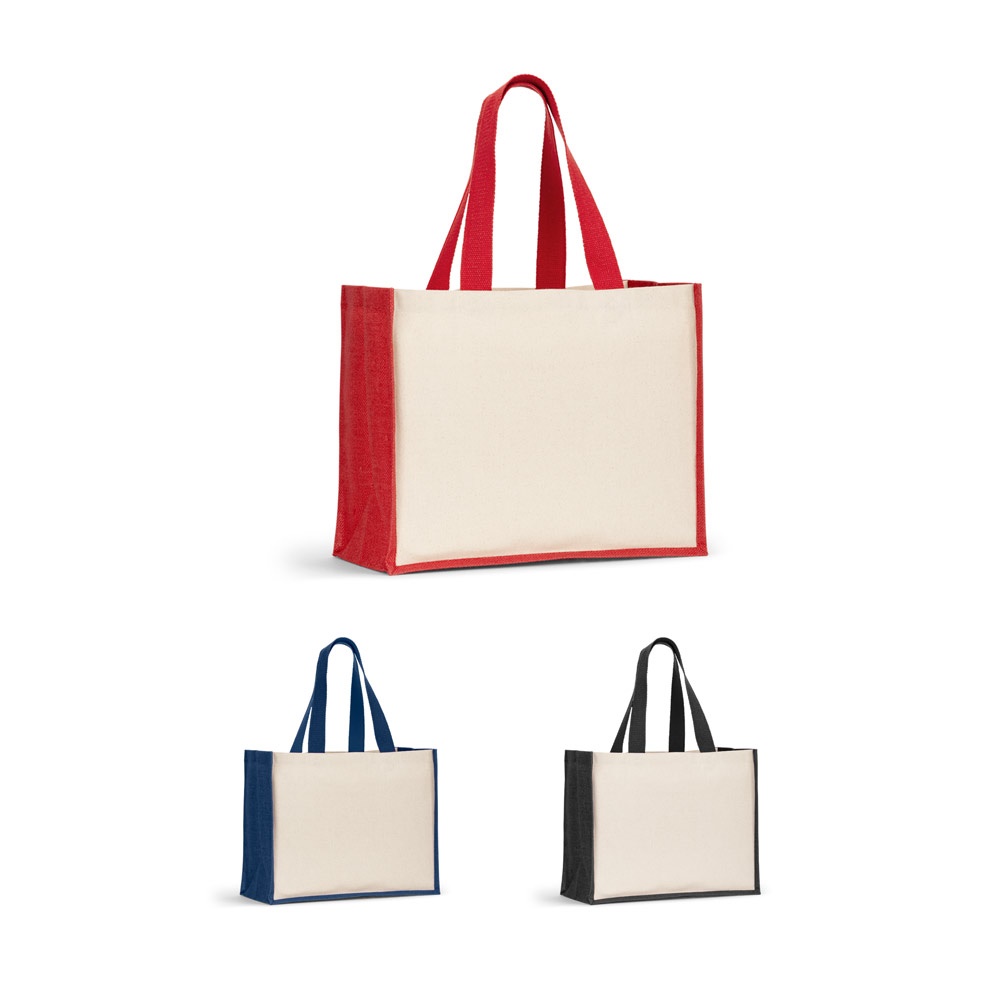 HELSINQUE COLOUR. Borsa in tela (320 g/m²), con fondo e fianchi in iuta laminata (350 g/m²) colorata