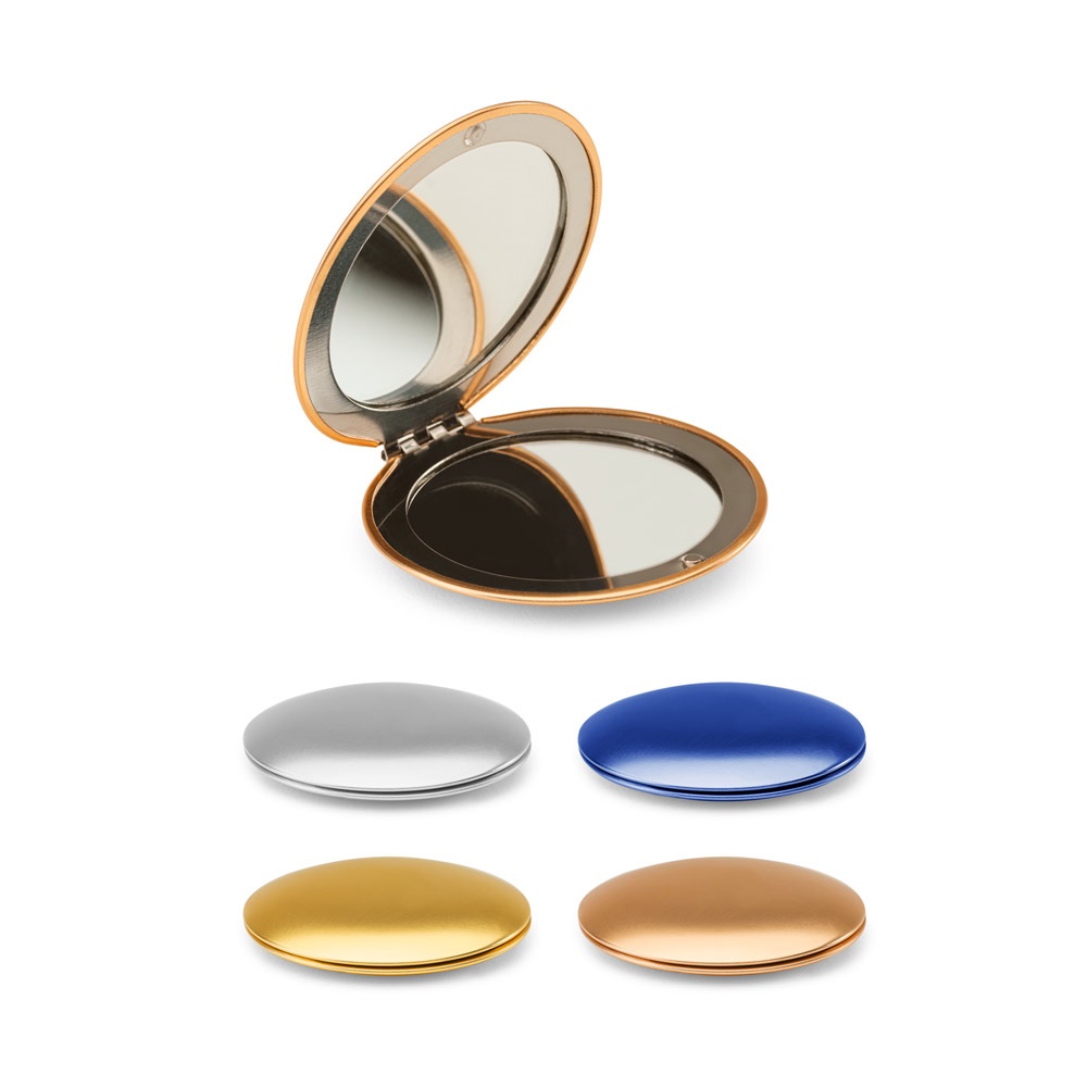 KAYLA. Miroir rond double face en aluminium avec fermeture magnétique.
