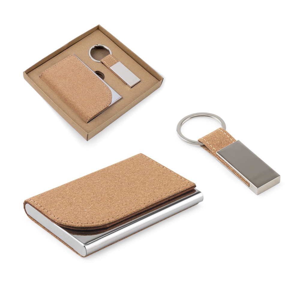 GOSLING. Ensemble composé d'un porte-cartes et d'un porte-clés, tous deux en métal et liège.
