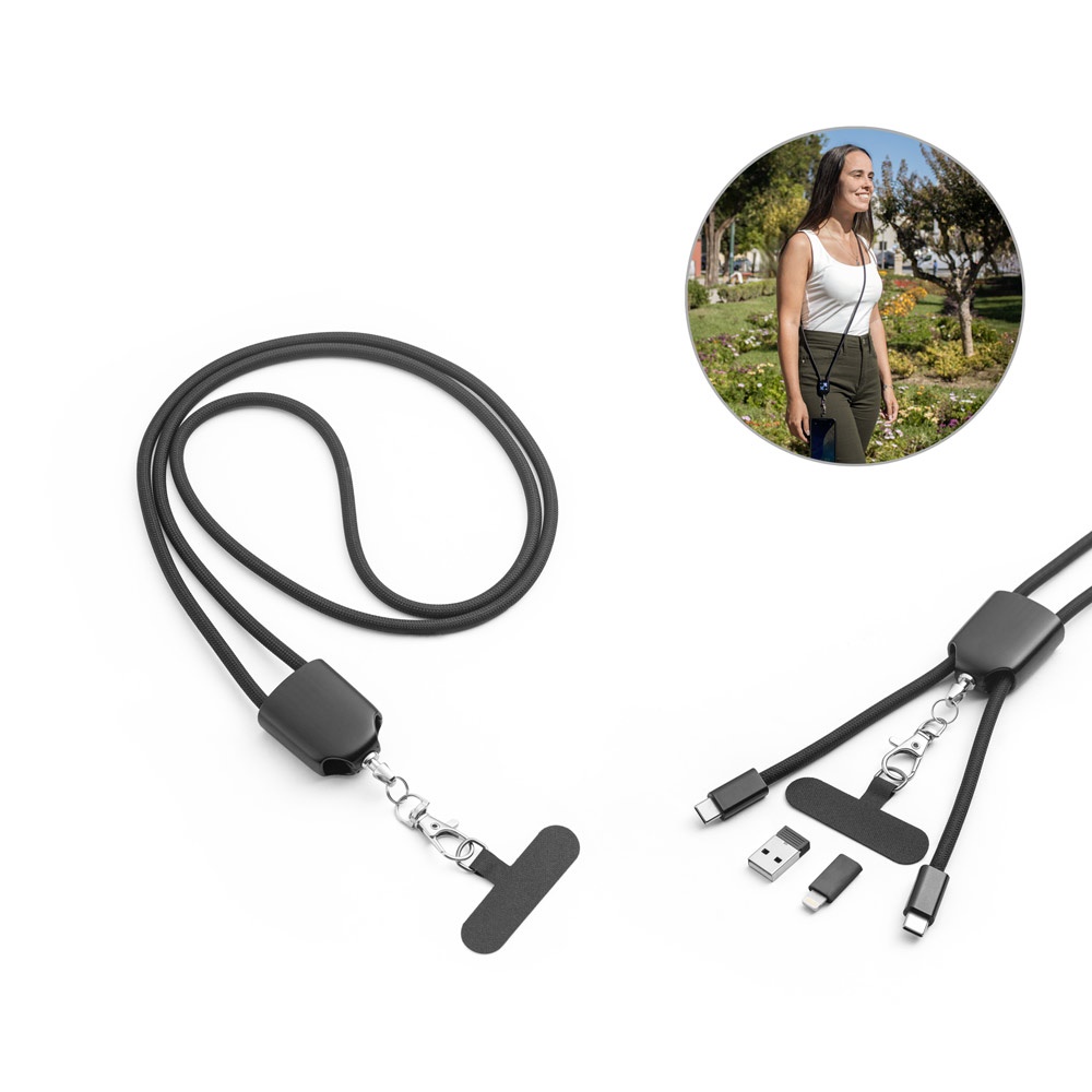 ZEWAIL. Lanière avec support pour smartphone, câble USB-C et divers adaptateurs fabriqués à partir d'ABS et de TPE recyclés.