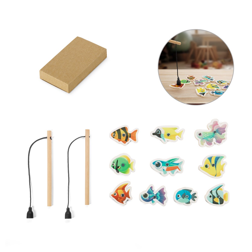 JEU DE PÊCHE. Coffret de pêche composé de 10 poissons en bois, idéal pour les enfants.