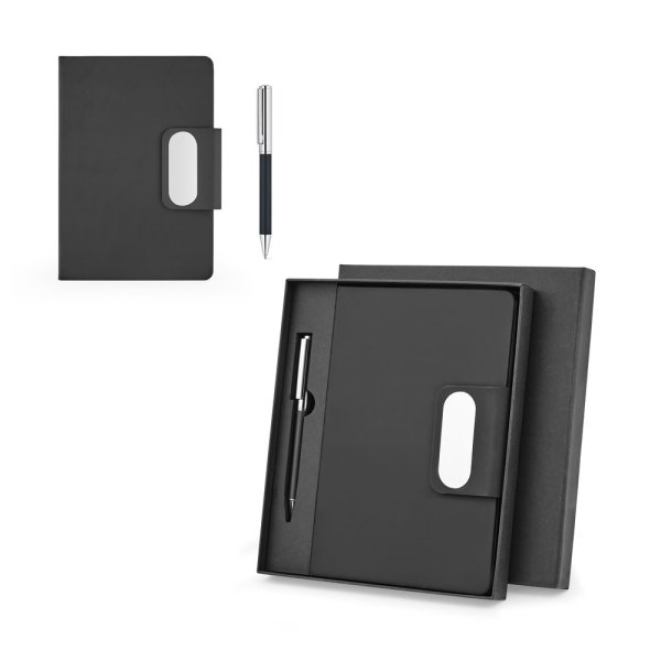 GARRETT. Coffret composé d'un stylo à bille et d'un bloc-notes, en polyuréthane et acier inoxydable.