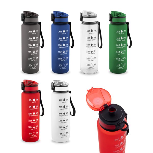 ERIKSSON. Bouteille d'eau en PET recyclé (100 % rPET), avec des phrases motivantes et des repères temporels pour encourager la consommation d'eau.