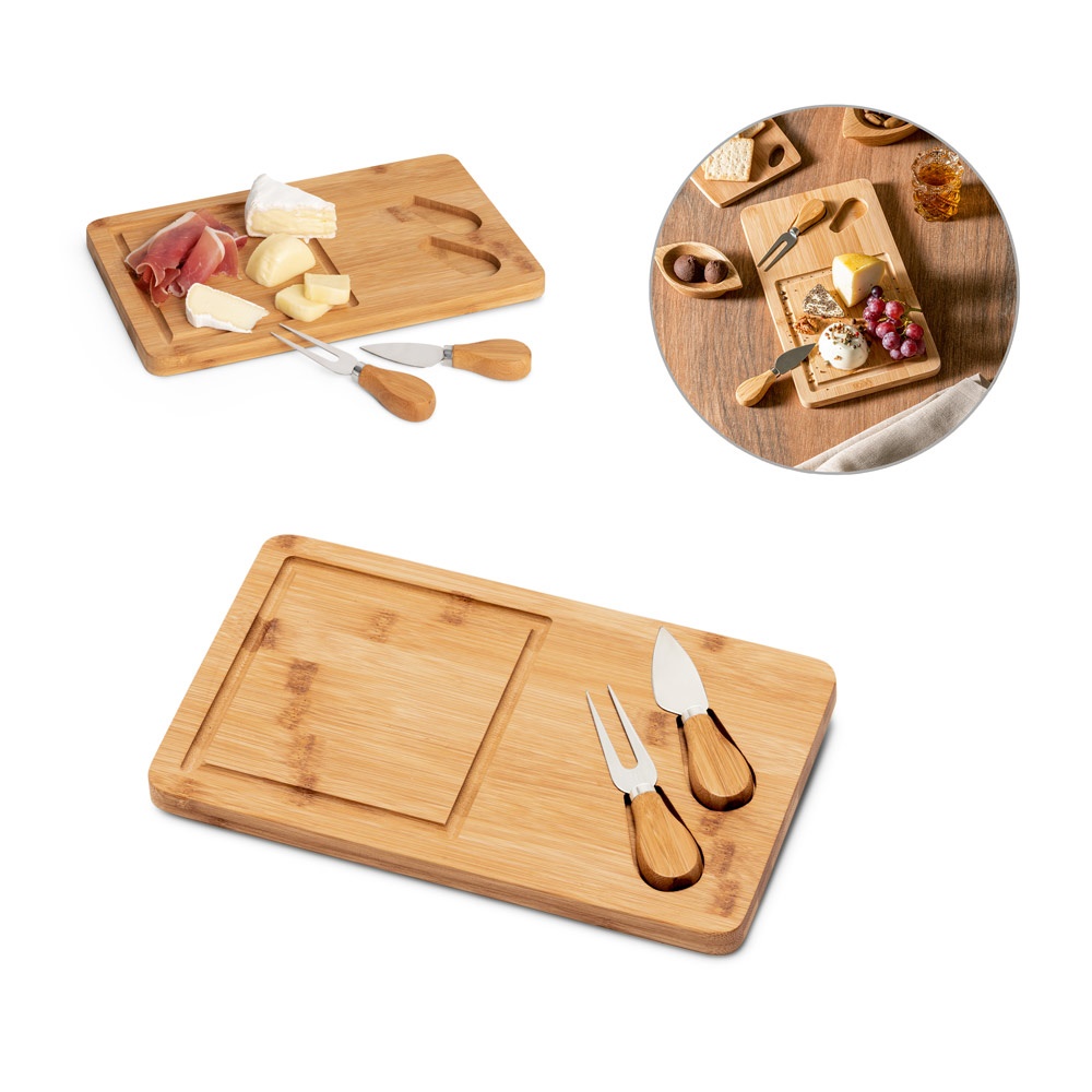 WOODS. Planche à fromage en bambou avec deux outils en acier inoxydable