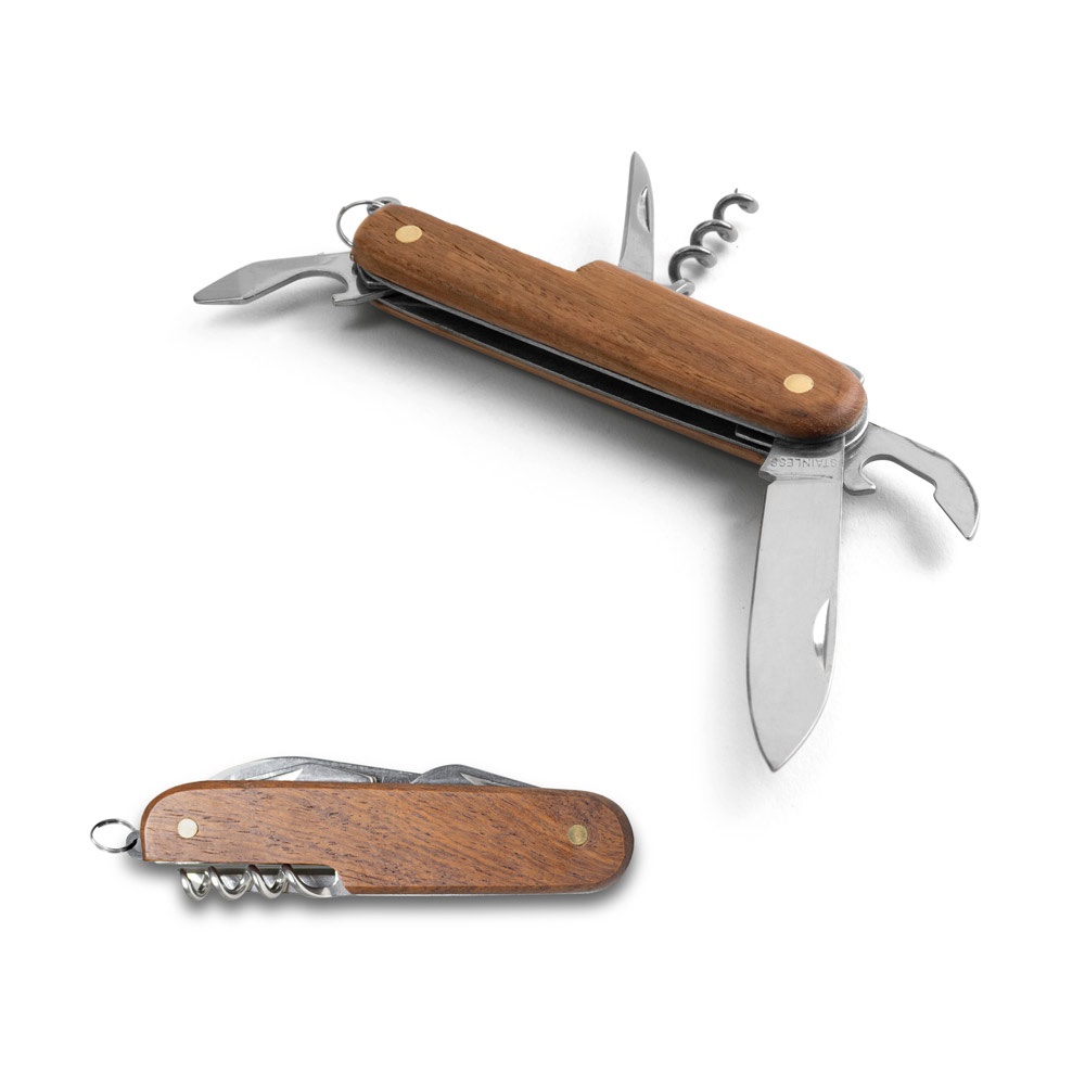BELPIANO. Coltello tascabile multifunzione in acciaio inox e legno
